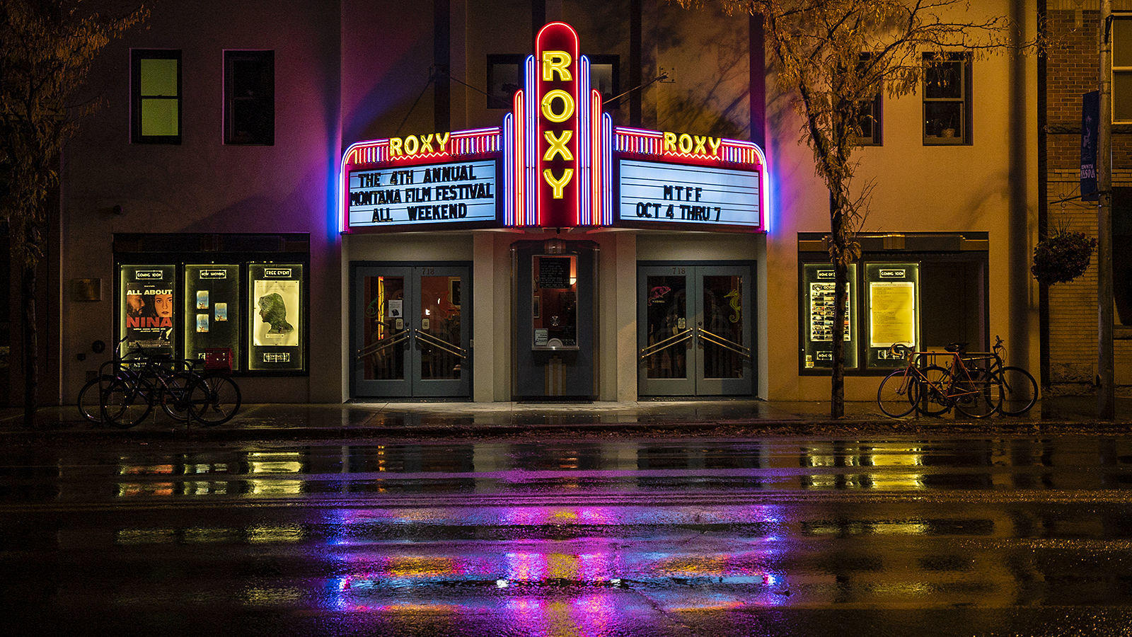 a store front at night